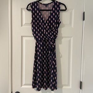 Lands' End Classic Navy and Pink A-line Sleeveless Wrap MIDI Dress Size S(6-8)